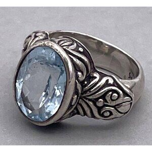 Bask Sterling Silver Blue Topaz Gemstone Engraved Ring 6.25